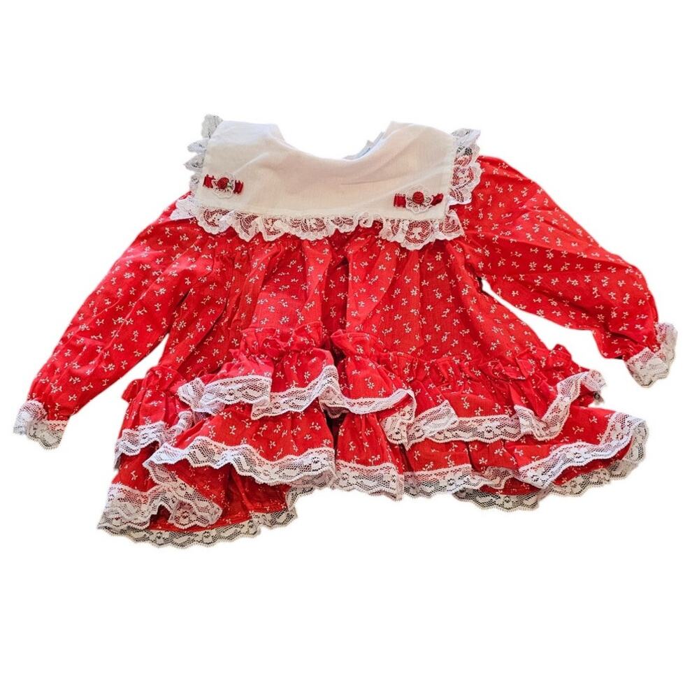 Vintage 1990s Jo Lene Baby Girls Sz 12M Long Sleeve Dress Red White Lace